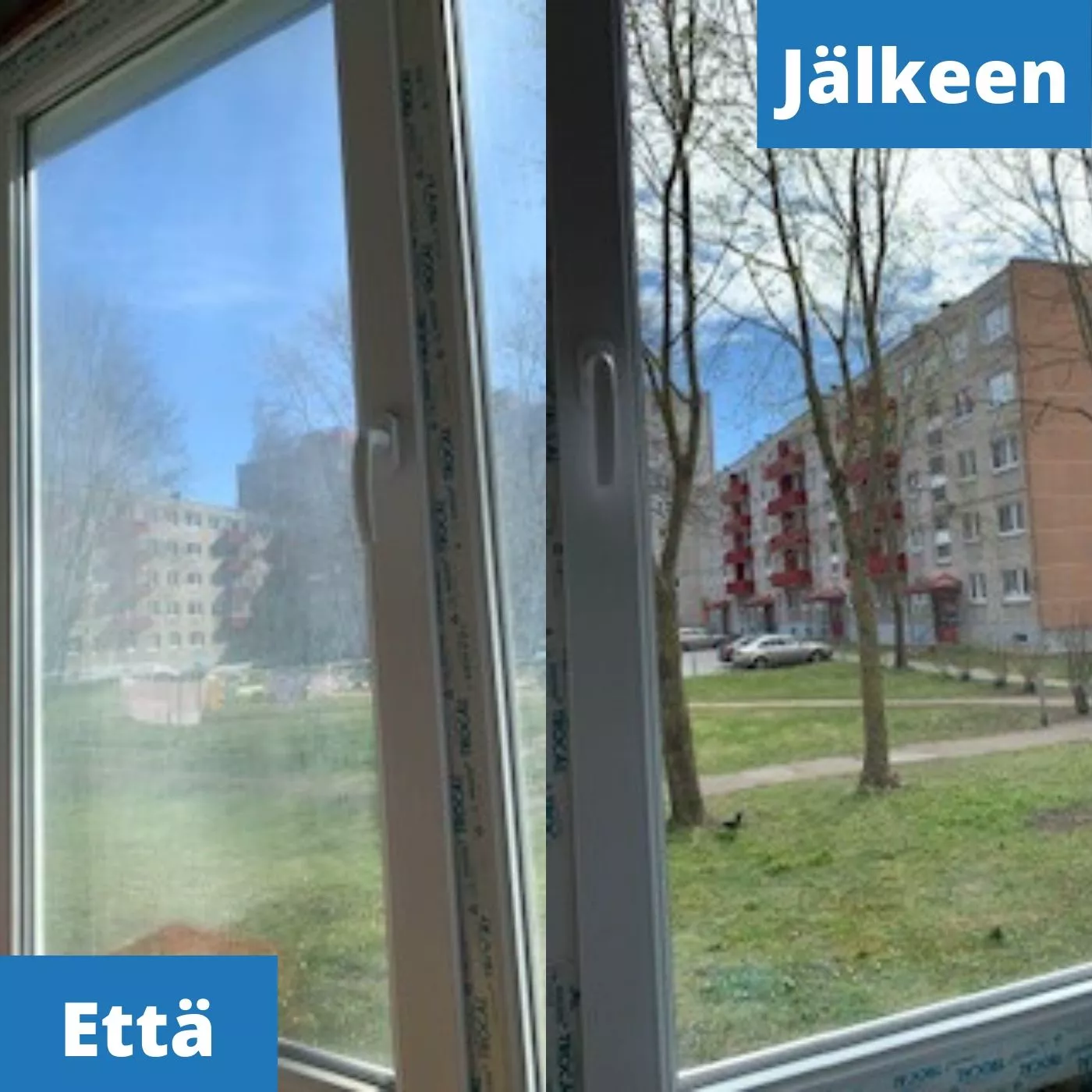 Ikkunoiden pesu asunnossa ennen ja jälkeen
