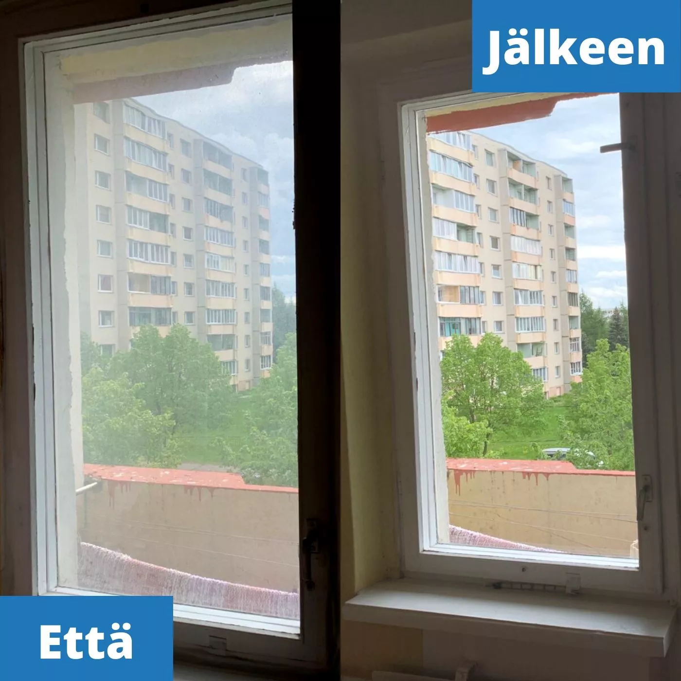 Ikkunoiden pesu ennen ja jälkeen
